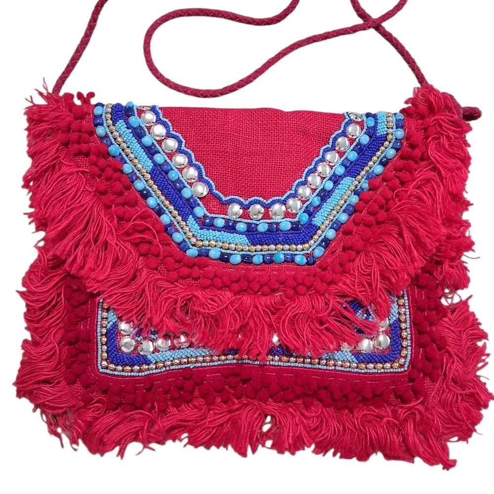 Shashi Elaine Beaded Fringe Potato Sak Maximalist Colorful Hippie Shoulder Bag